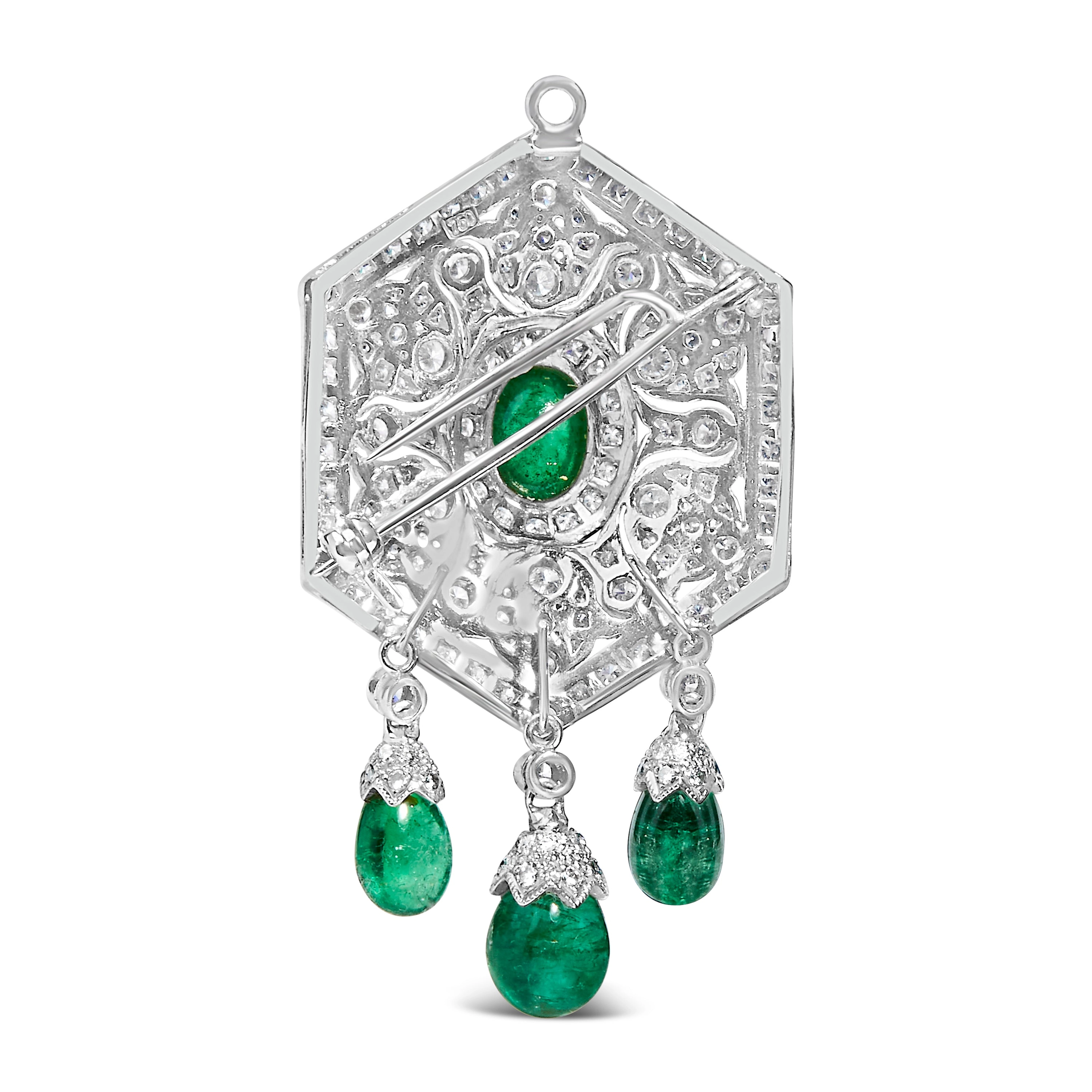 18K 2 3/4 Cttw Diamond and Emerald Dangle Art Deco Shield Brooch Pin Pendant CHAIN NOT INCLUDED