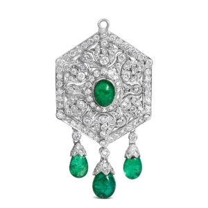 18K 2 3/4 Cttw Diamond and Emerald Dangle Art Deco Shield Brooch Pin Pendant CHAIN NOT INCLUDED