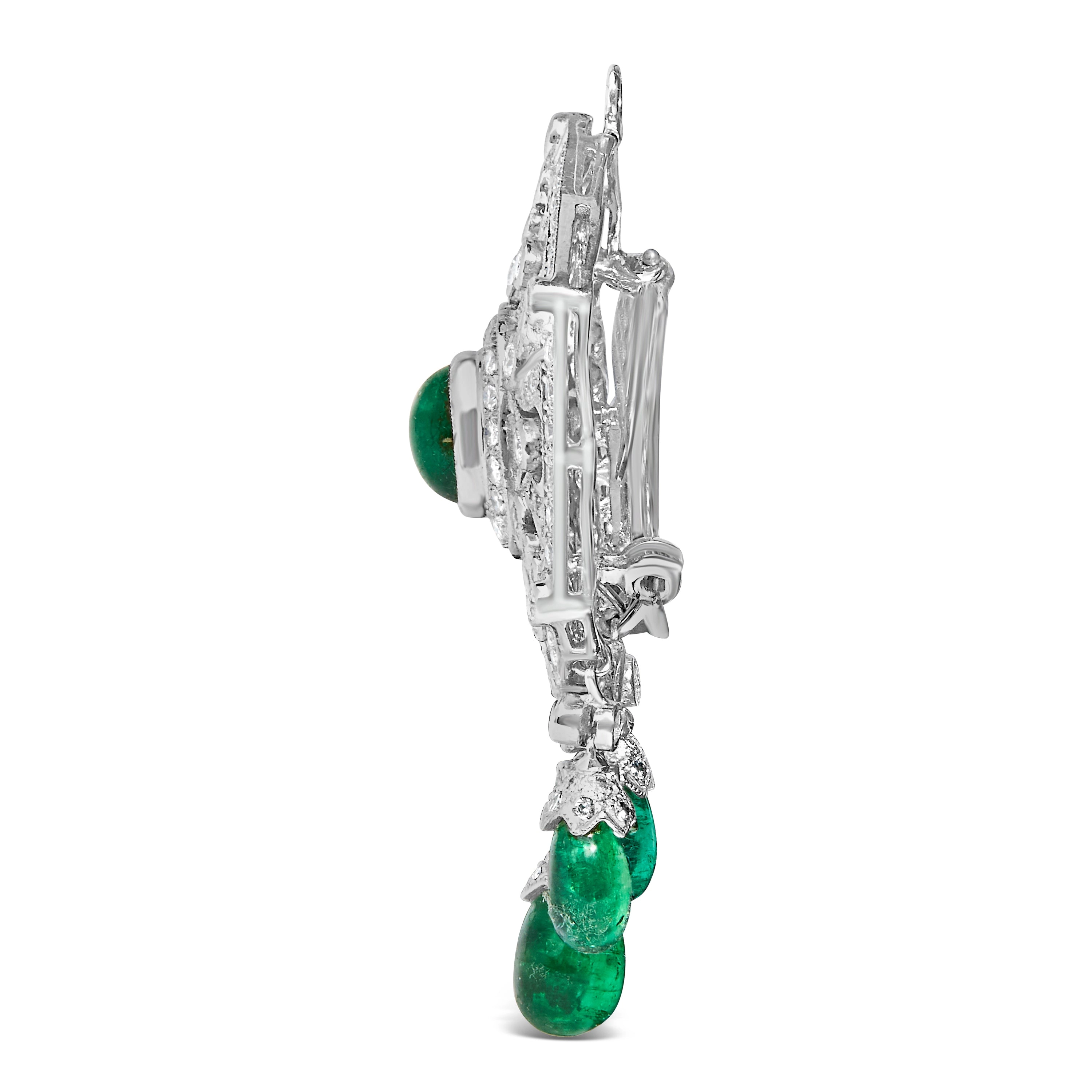 18K 2 3/4 Cttw Diamond and Emerald Dangle Art Deco Shield Brooch Pin Pendant CHAIN NOT INCLUDED