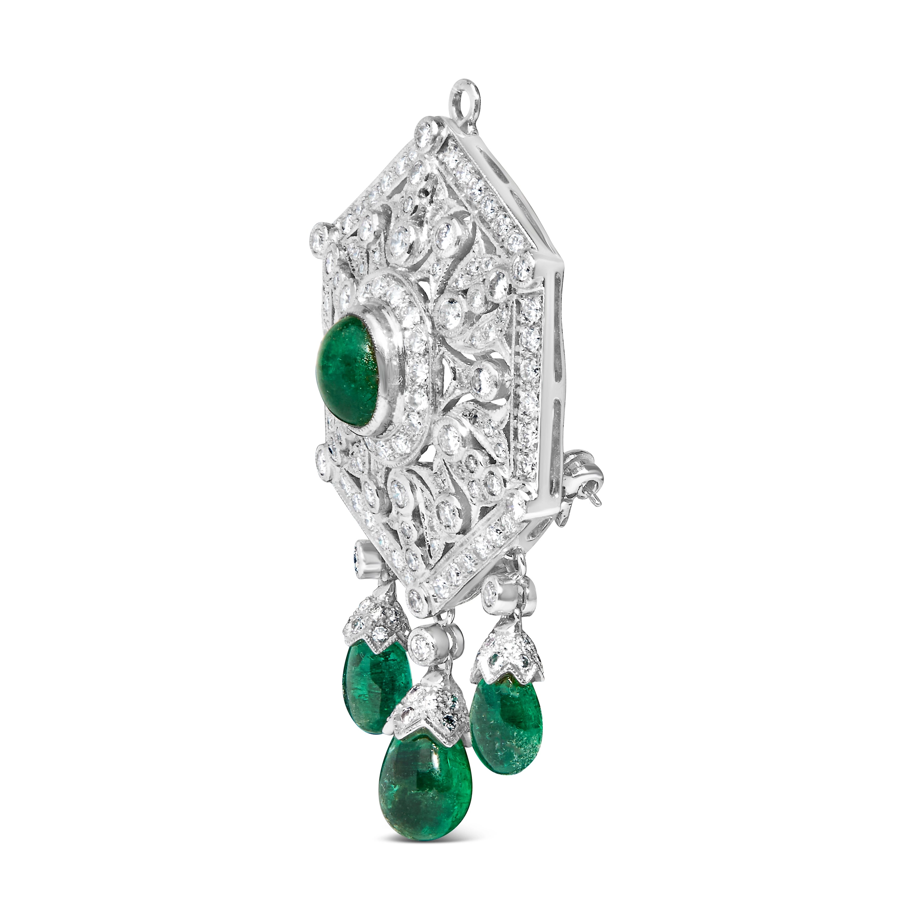 18K 2 3/4 Cttw Diamond and Emerald Dangle Art Deco Shield Brooch Pin Pendant CHAIN NOT INCLUDED