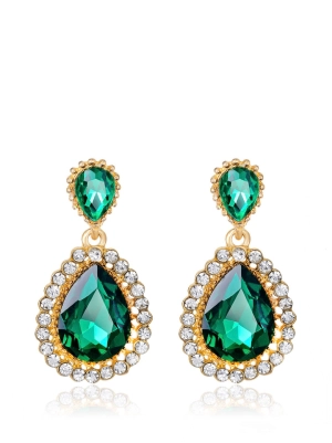 18k Gold Green Embellished Pear Drop Earrings