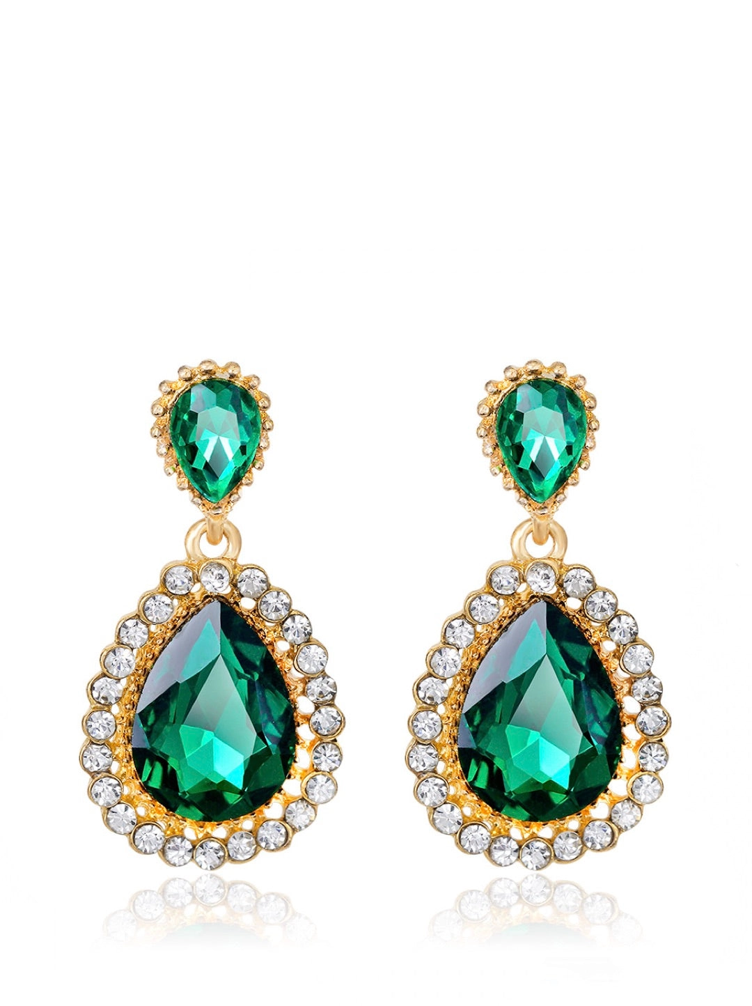 18k Gold Green Embellished Pear Drop Earrings