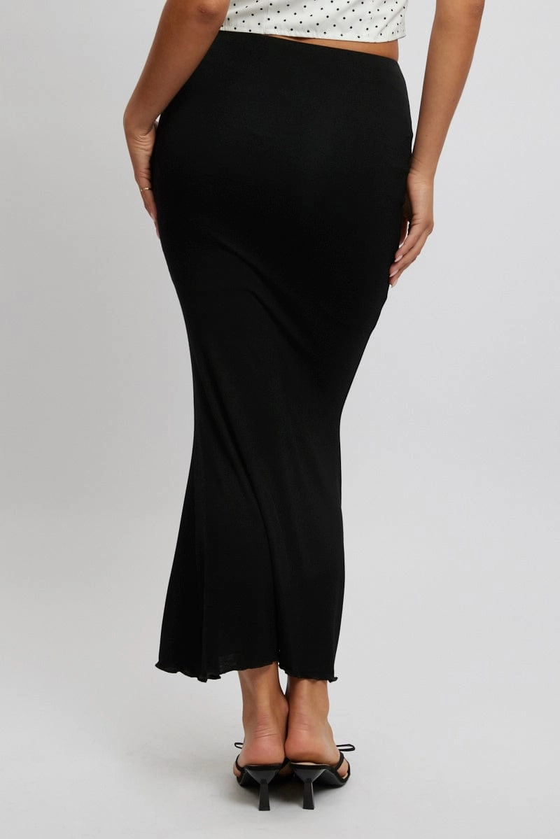 Black Maxi Skirt Elastic Waist Modal Blend Lined