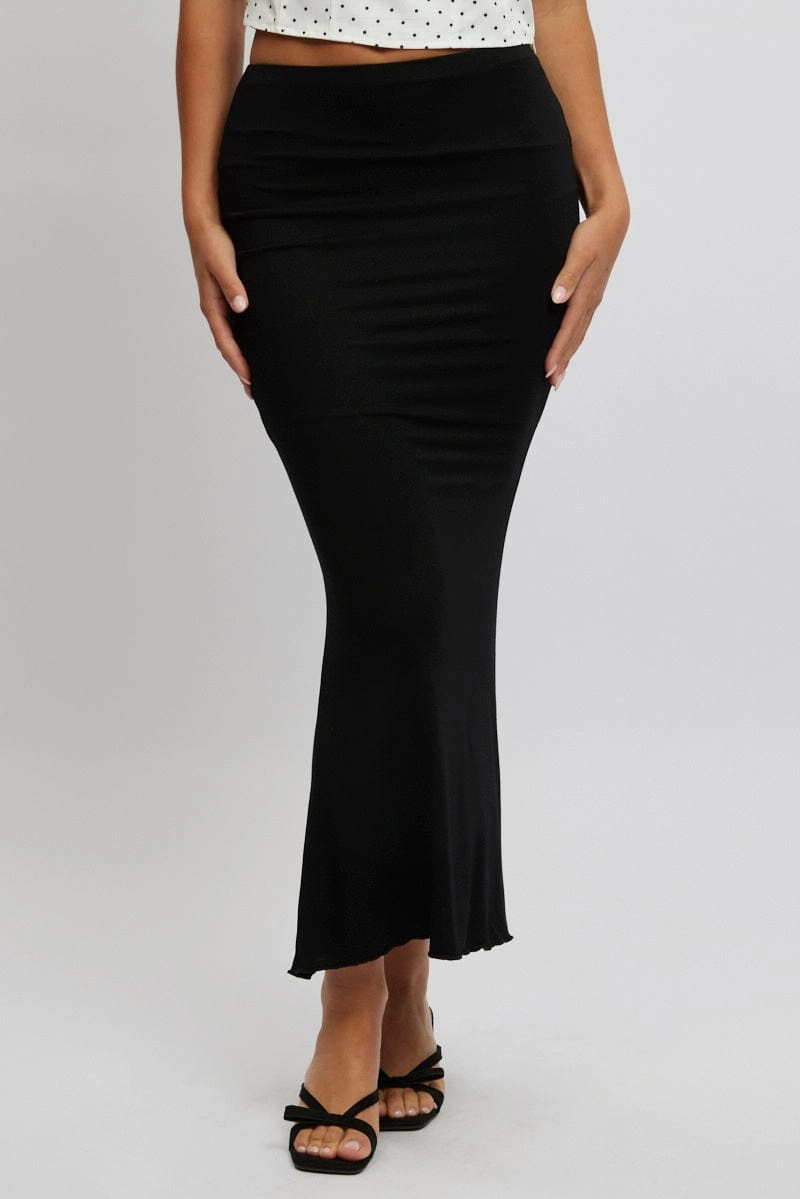 Black Maxi Skirt Elastic Waist Modal Blend Lined