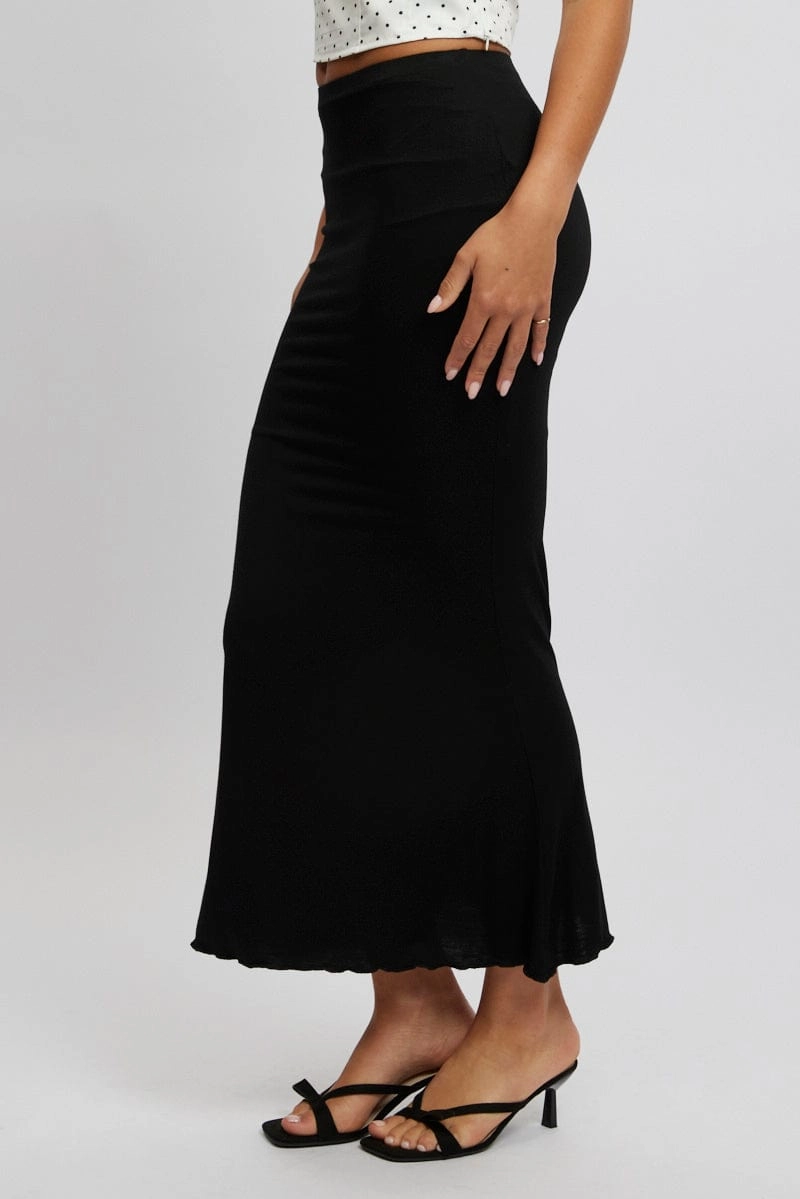 Black Maxi Skirt Elastic Waist Modal Blend Lined