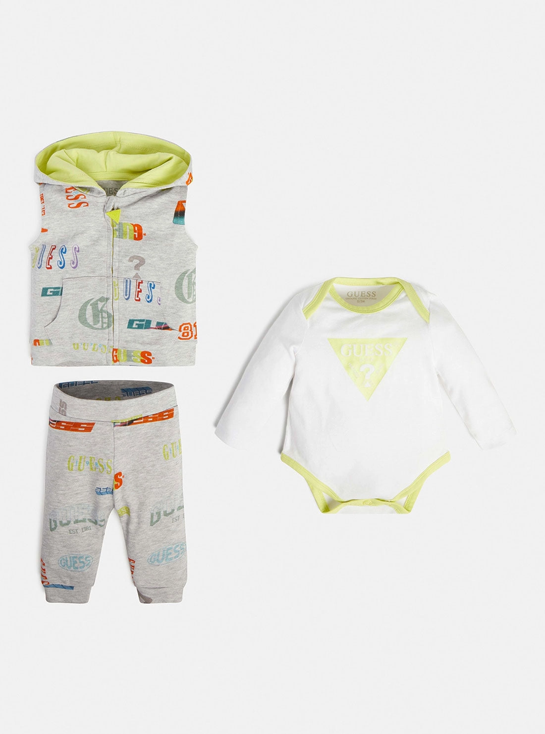 Eco Yellow Logo Hooded Vest Onesie And Pants 3-Piece Set (0-12m)