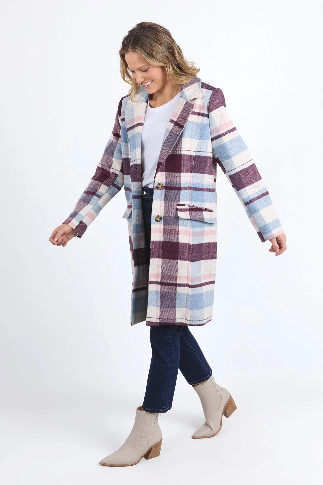 Elm Blanche Check Coat Steel Blue/Merlot/Geranium Check