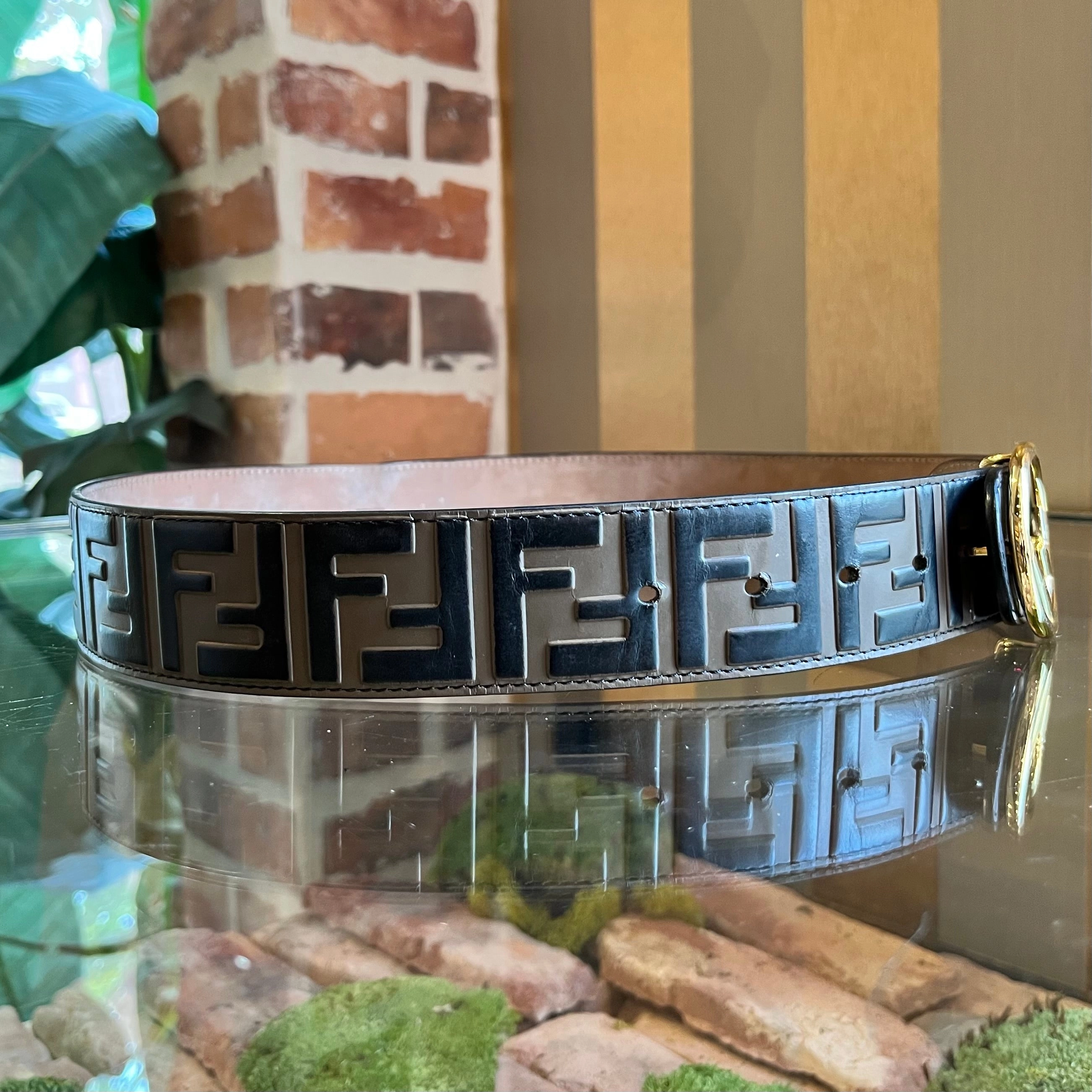 FENDI  F is Fendi Vitello Brown Black FF 1974 Embossed Belt SZ80/32(8/M) Maya Black