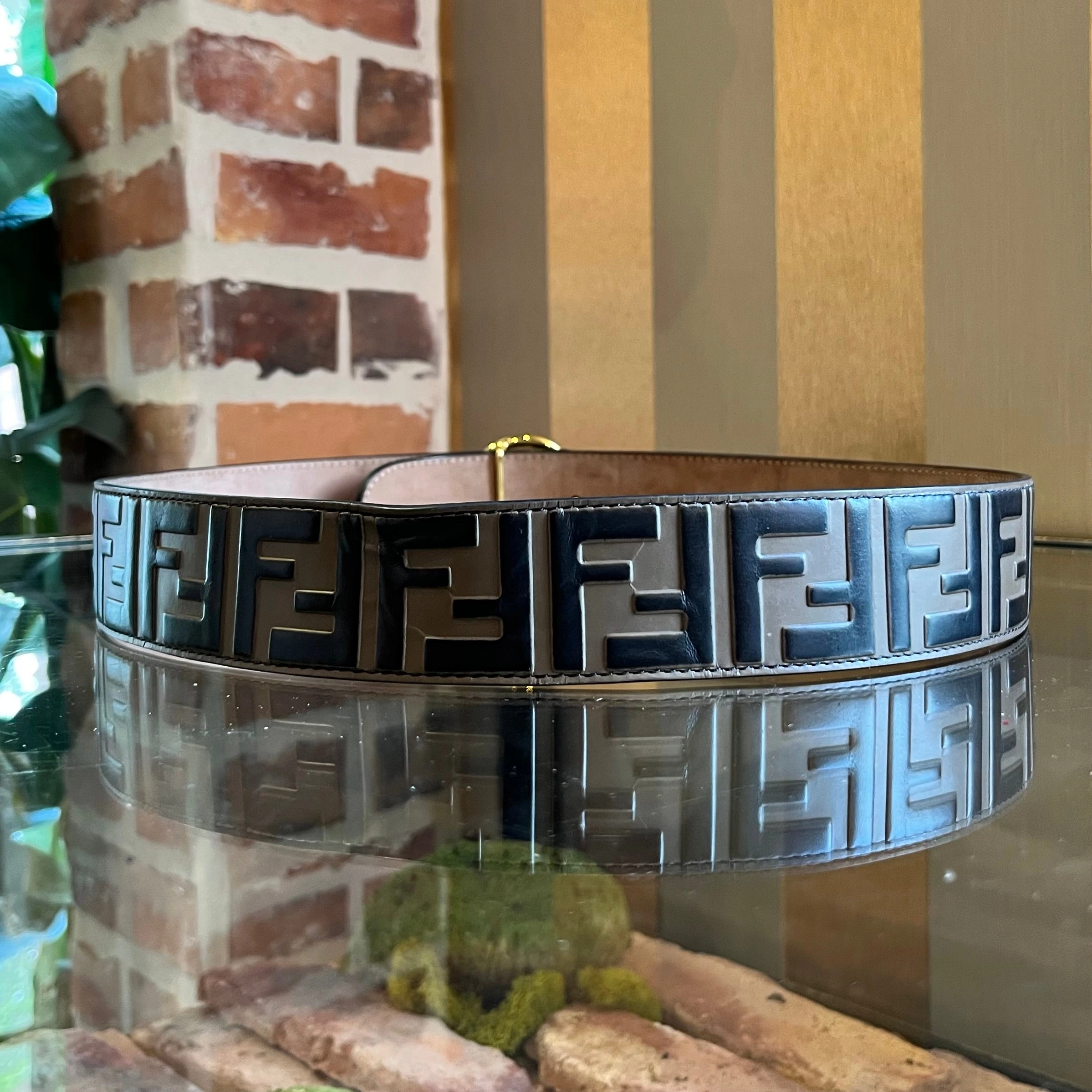 FENDI  F is Fendi Vitello Brown Black FF 1974 Embossed Belt SZ80/32(8/M) Maya Black