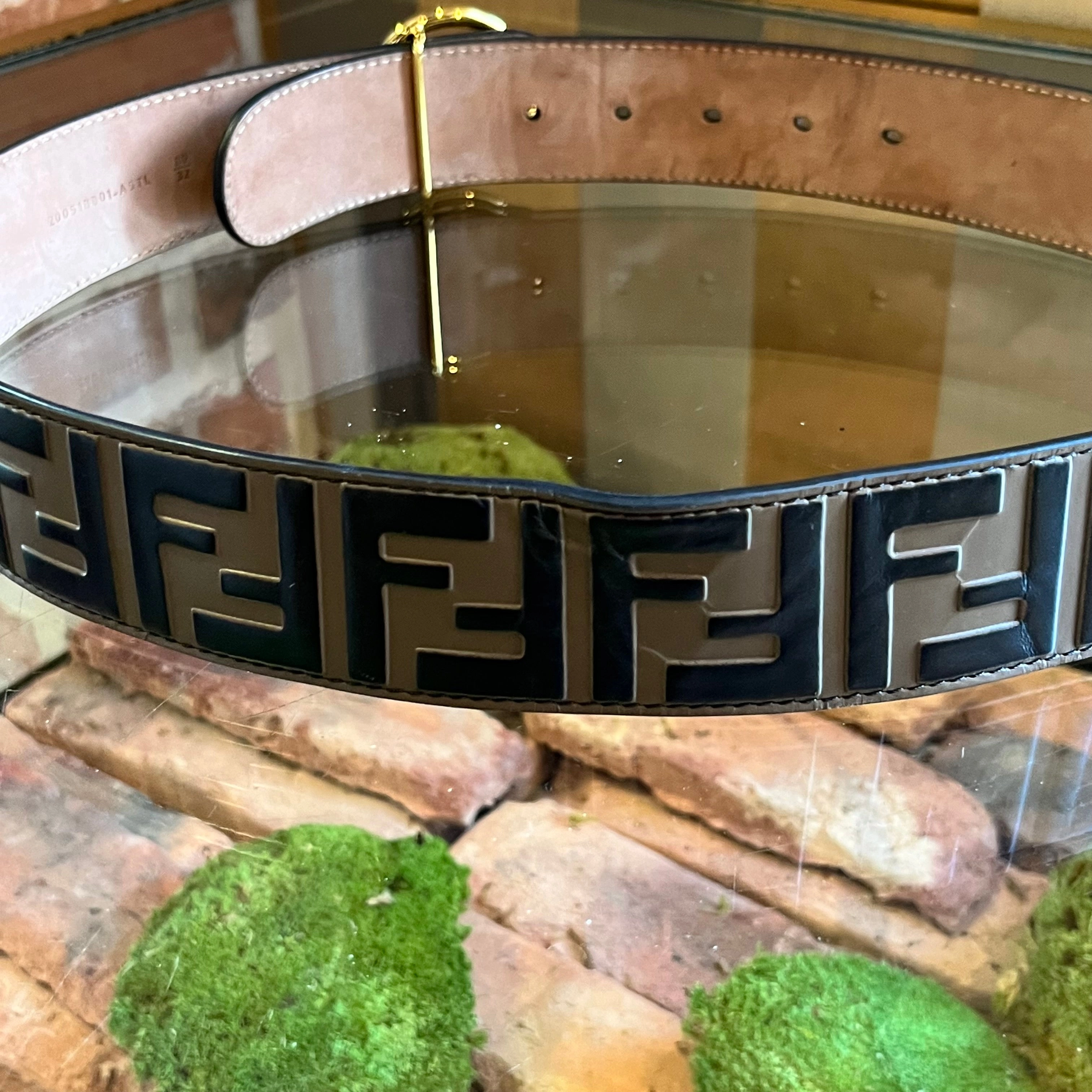 FENDI  F is Fendi Vitello Brown Black FF 1974 Embossed Belt SZ80/32(8/M) Maya Black