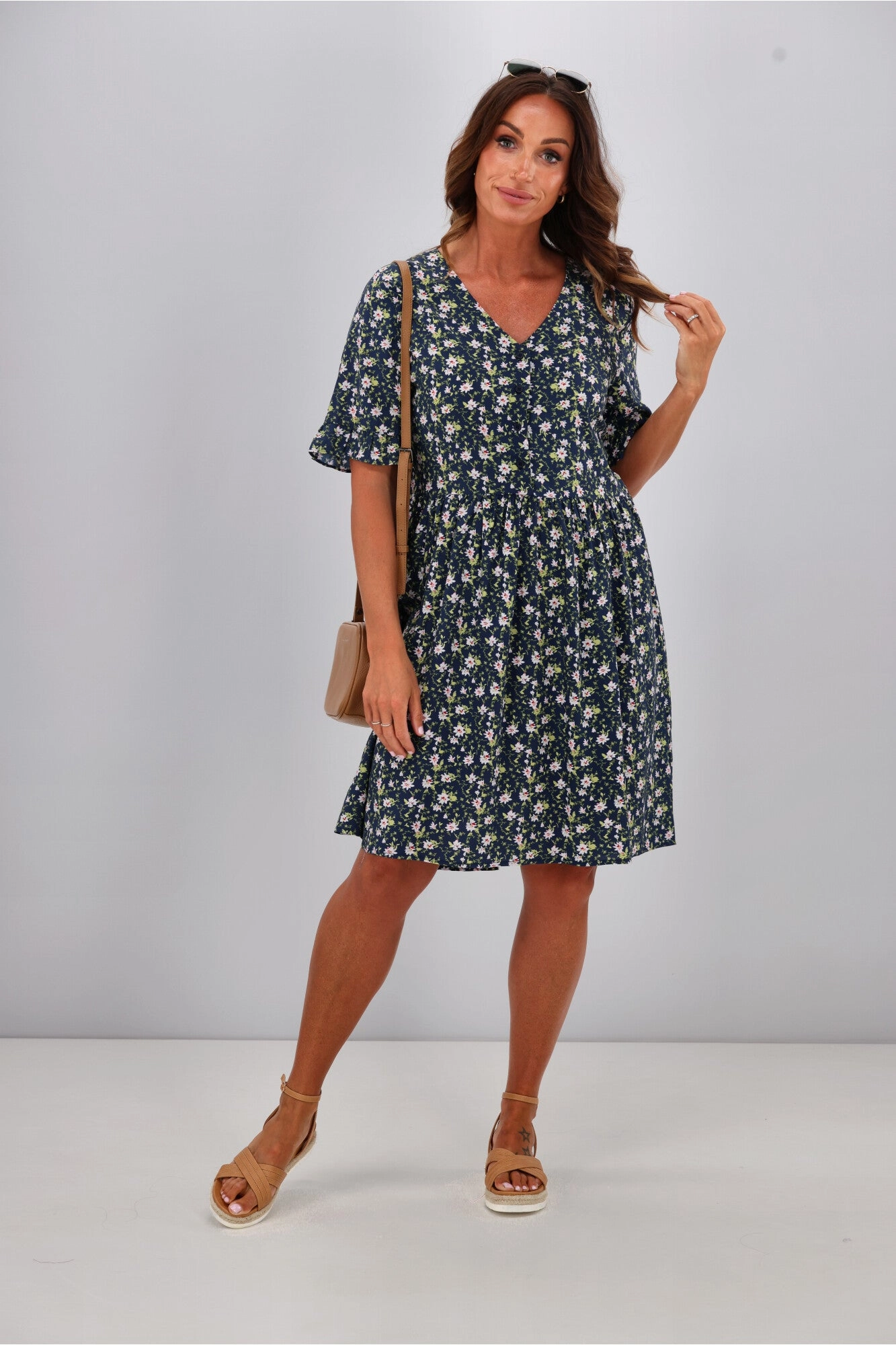 Gloss by Shine On Sacha Frill Sleeve Dress Black Ditsy