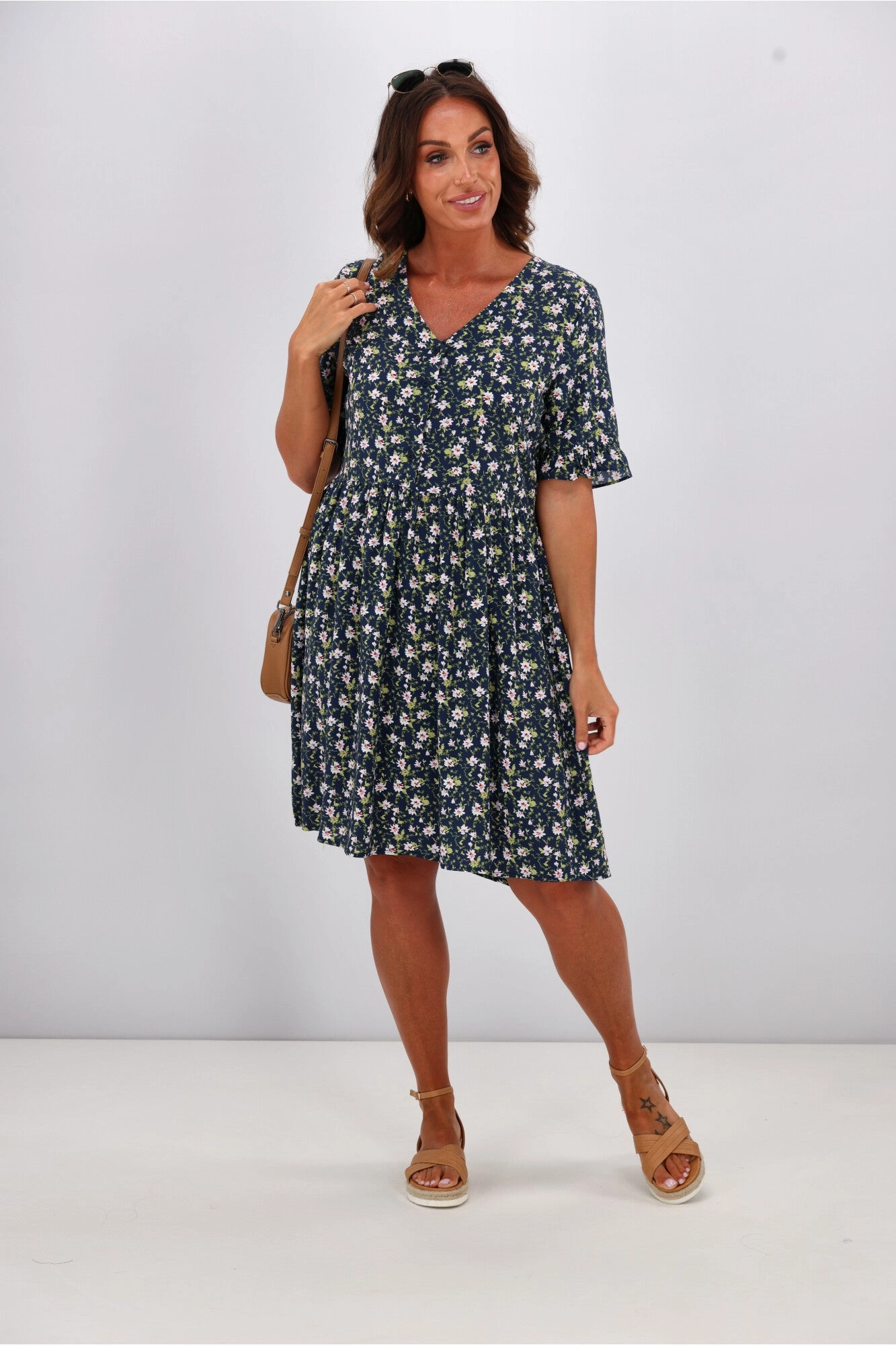 Gloss by Shine On Sacha Frill Sleeve Dress Black Ditsy