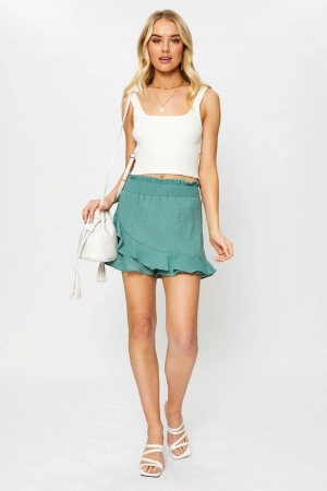 Green Linen Blend Elastic Waist Ruffle Hem Shorts