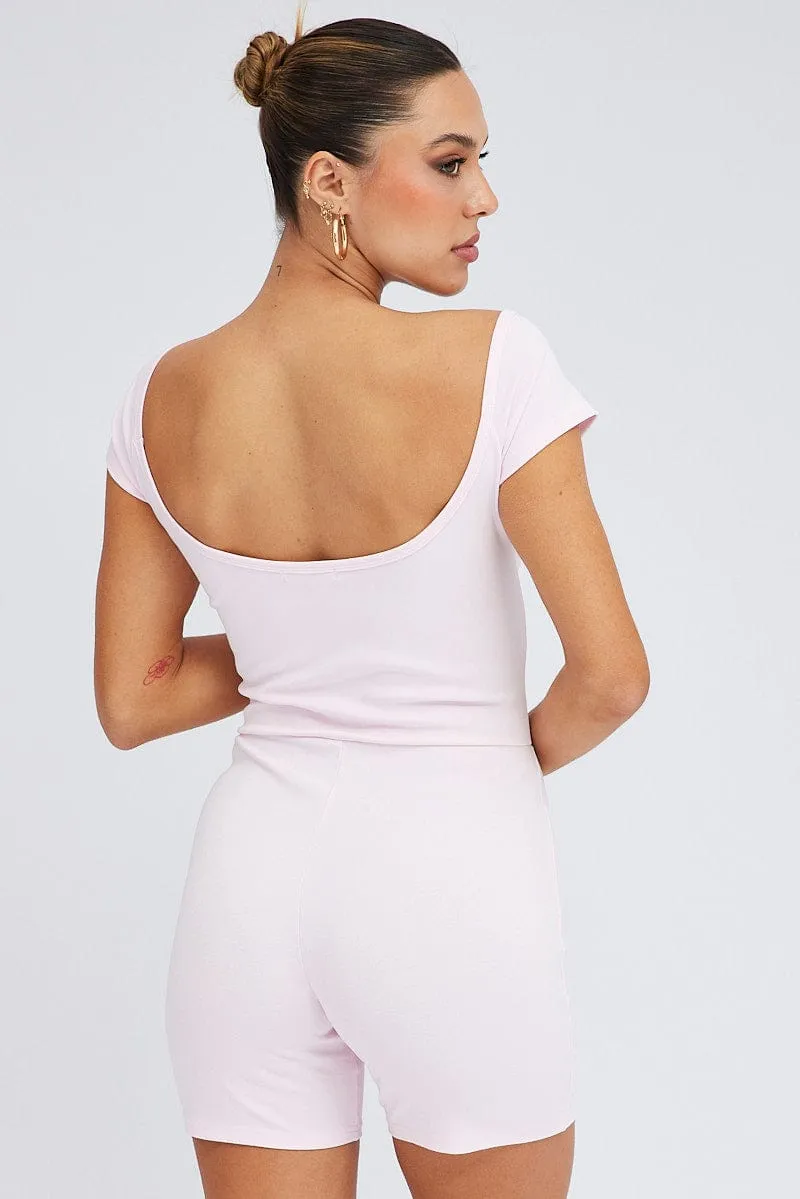 Pink Romper Scoop Neck Cap Sleeve Cotton Playsuit