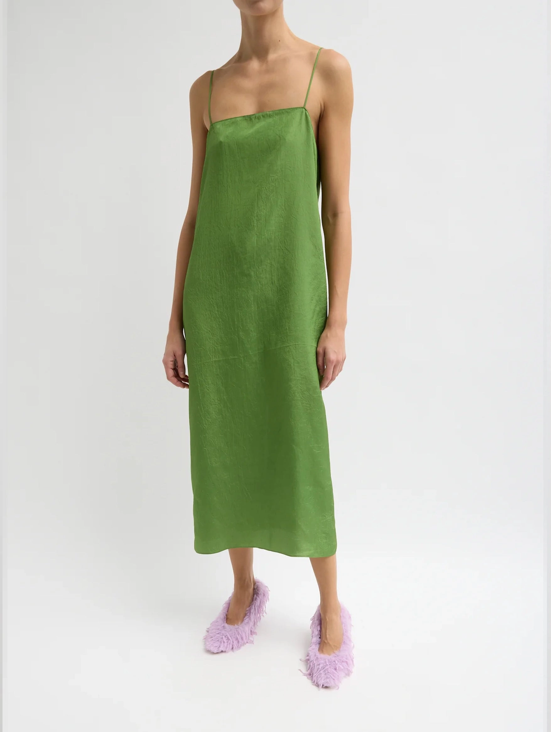 Summer Acetate Crinkle Slip Dress in Chartreuse