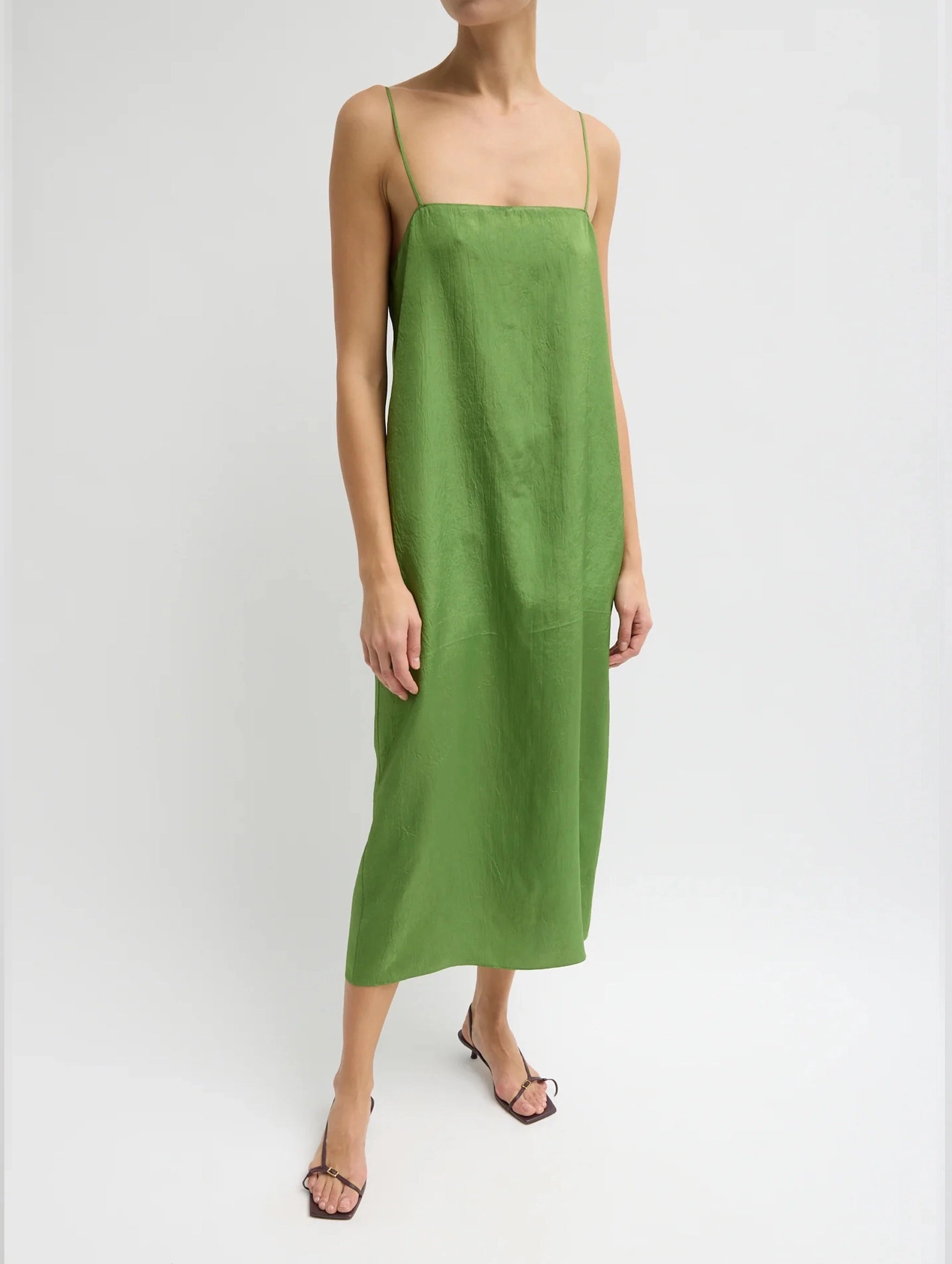 Summer Acetate Crinkle Slip Dress in Chartreuse