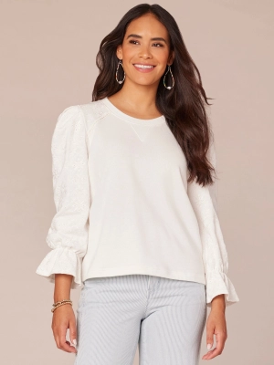 Three Quarter Flounce Sleeve Scoop Neck Embroidered Knit Sweatshirt