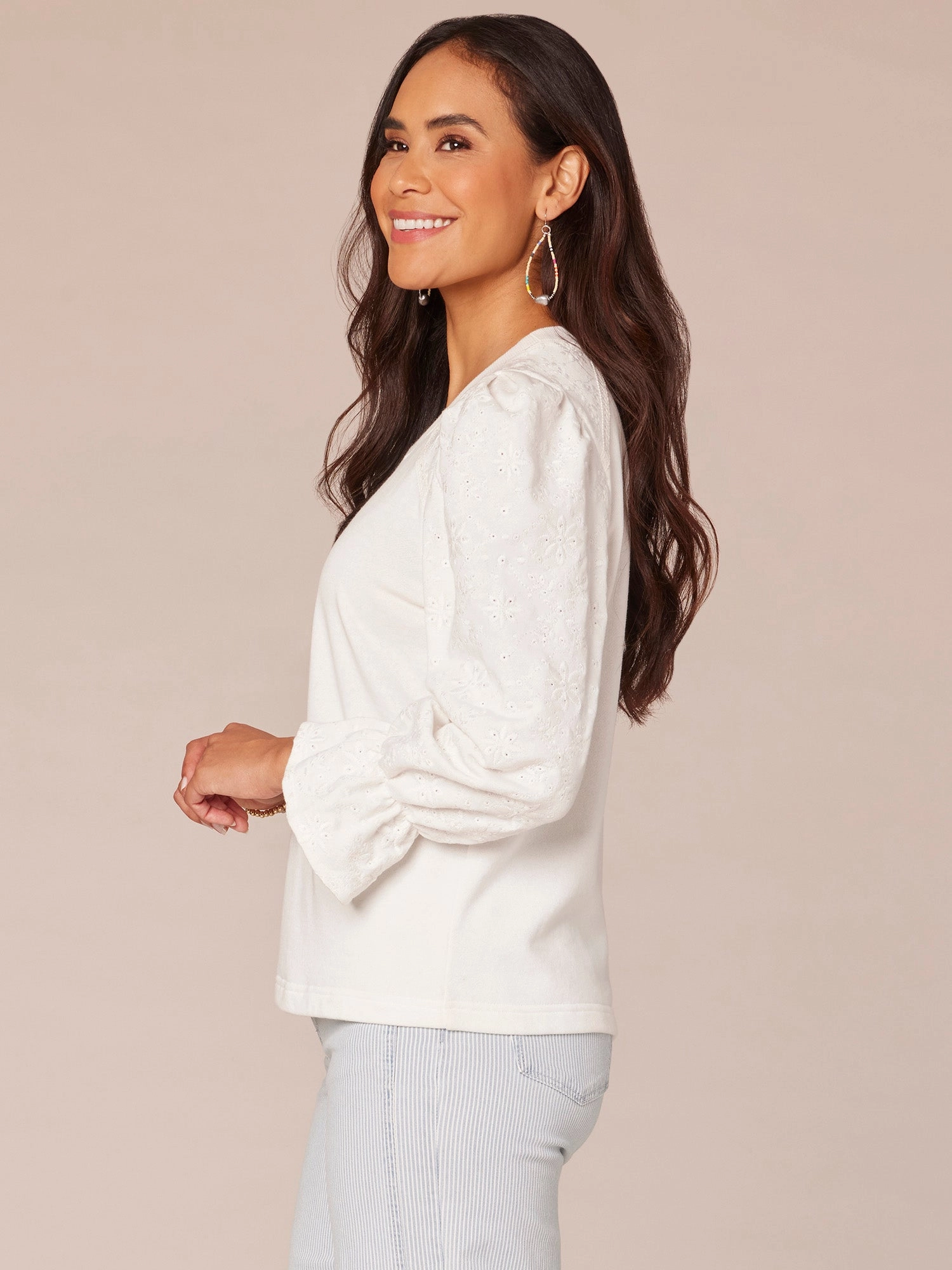 Three Quarter Flounce Sleeve Scoop Neck Embroidered Knit Sweatshirt
