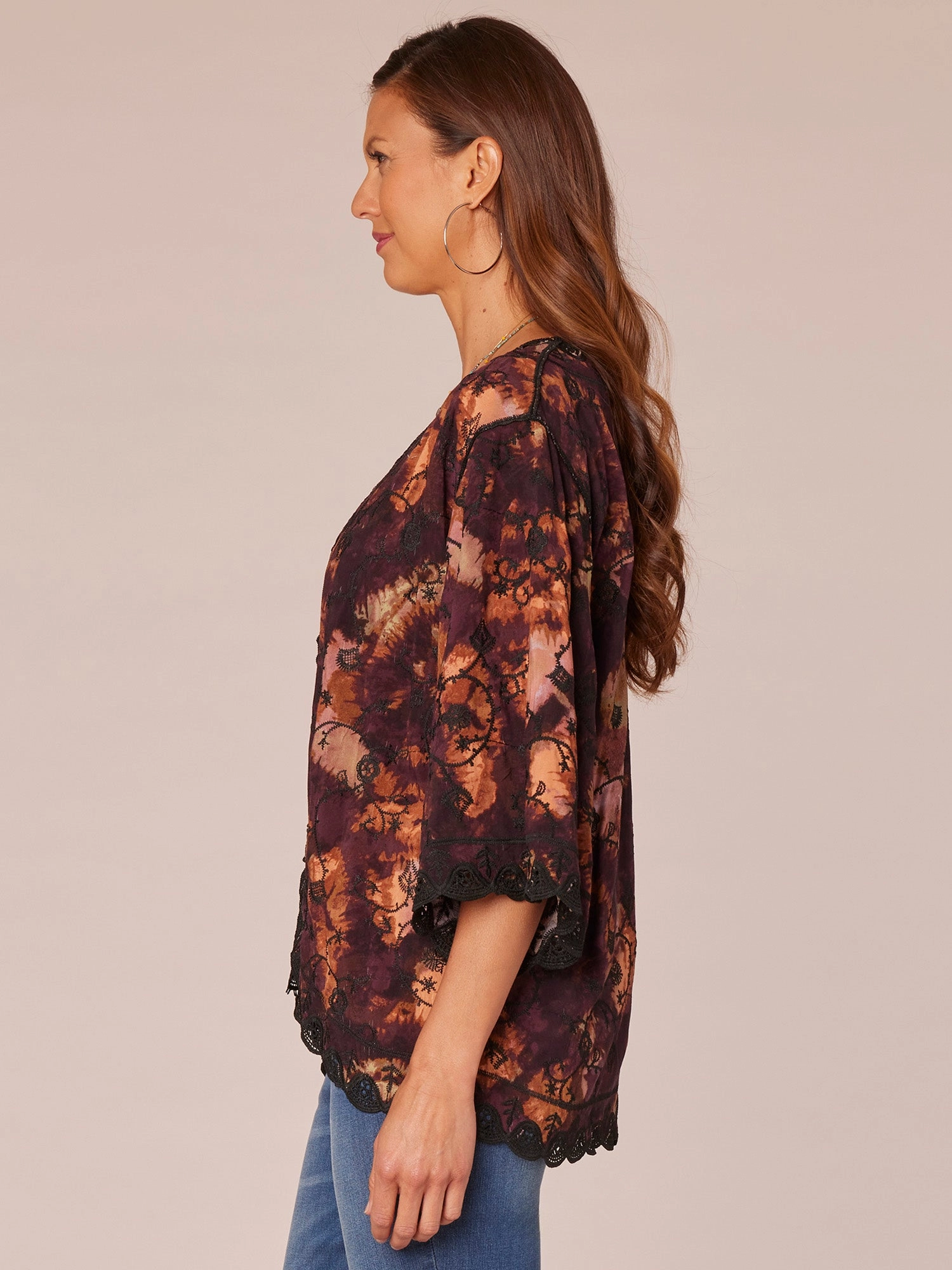 Three Quarter Sleeve Open Front Scallop Edge Woven Petite Kimono