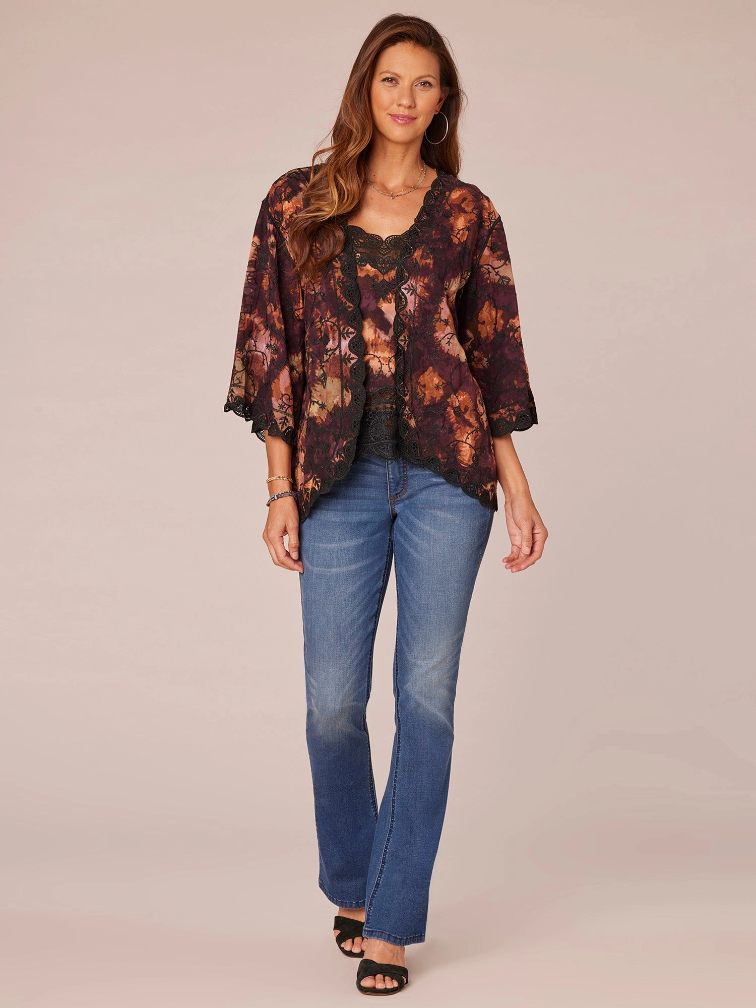 Three Quarter Sleeve Open Front Scallop Edge Woven Petite Kimono