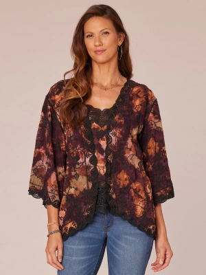 Three Quarter Sleeve Open Front Scallop Edge Woven Petite Kimono