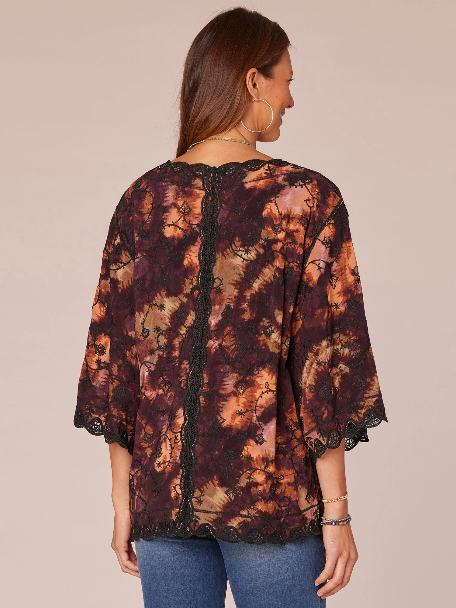 Three Quarter Sleeve Open Front Scallop Edge Woven Petite Kimono