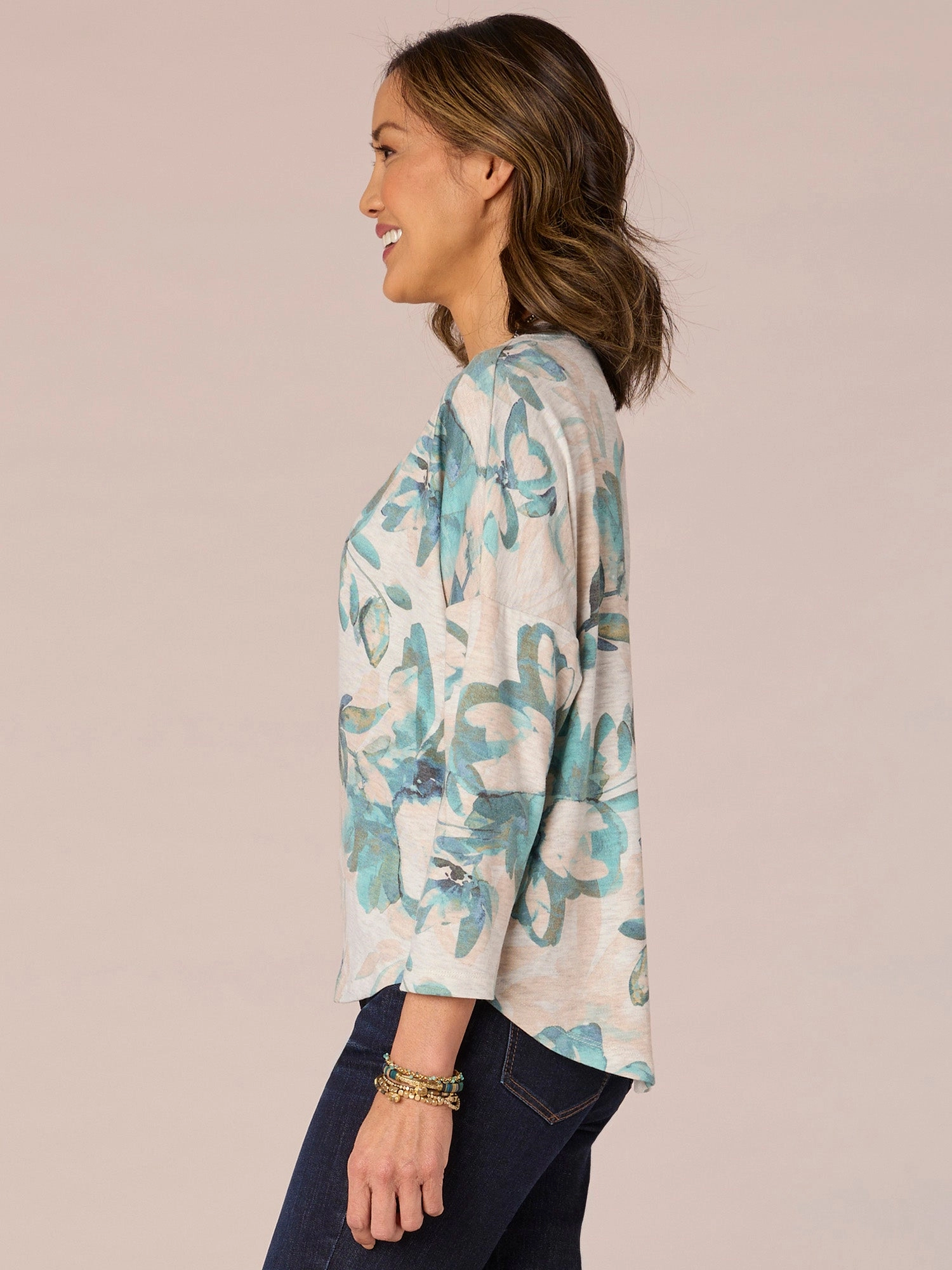 Three Quarter Sleeve Rounded V-Neck Floral Placement Print Knit Top