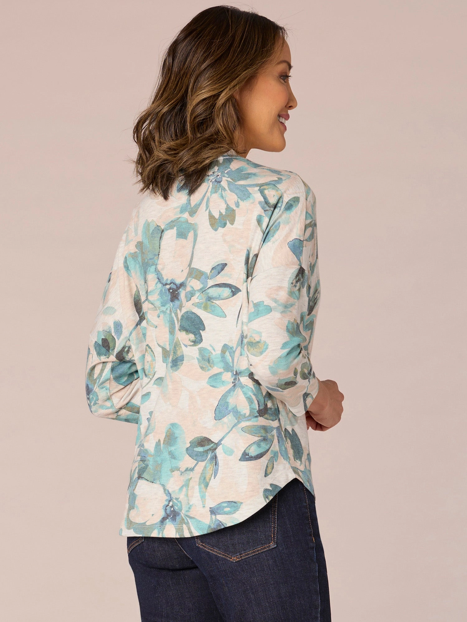 Three Quarter Sleeve Rounded V-Neck Floral Placement Print Knit Top