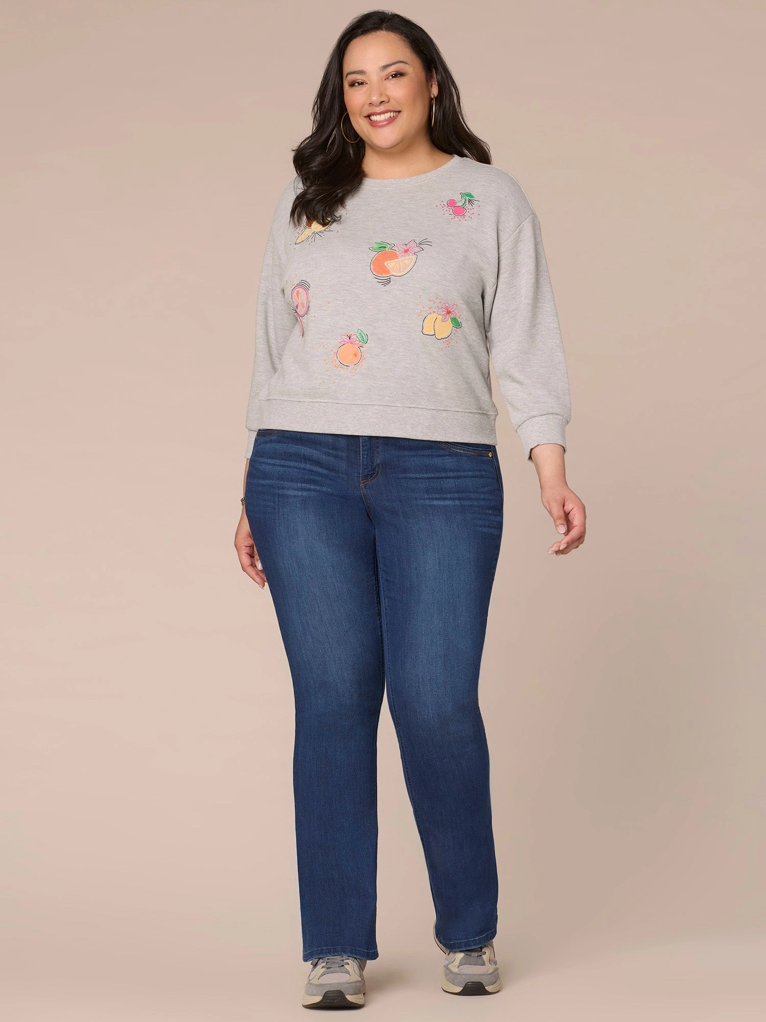 Three Quarter Sleeve Scoop Neck Banded Plus Knit Sweatshirt