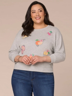 Three Quarter Sleeve Scoop Neck Banded Plus Knit Sweatshirt