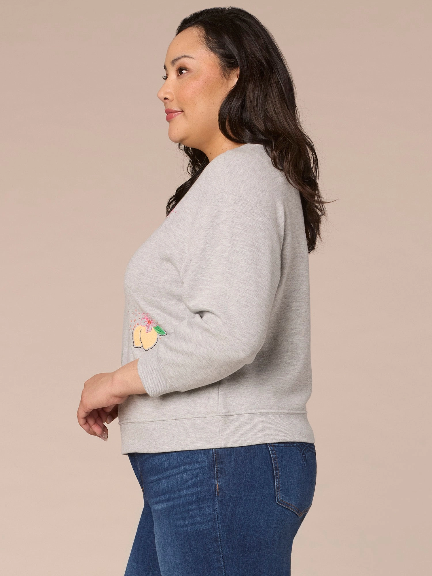 Three Quarter Sleeve Scoop Neck Banded Plus Knit Sweatshirt