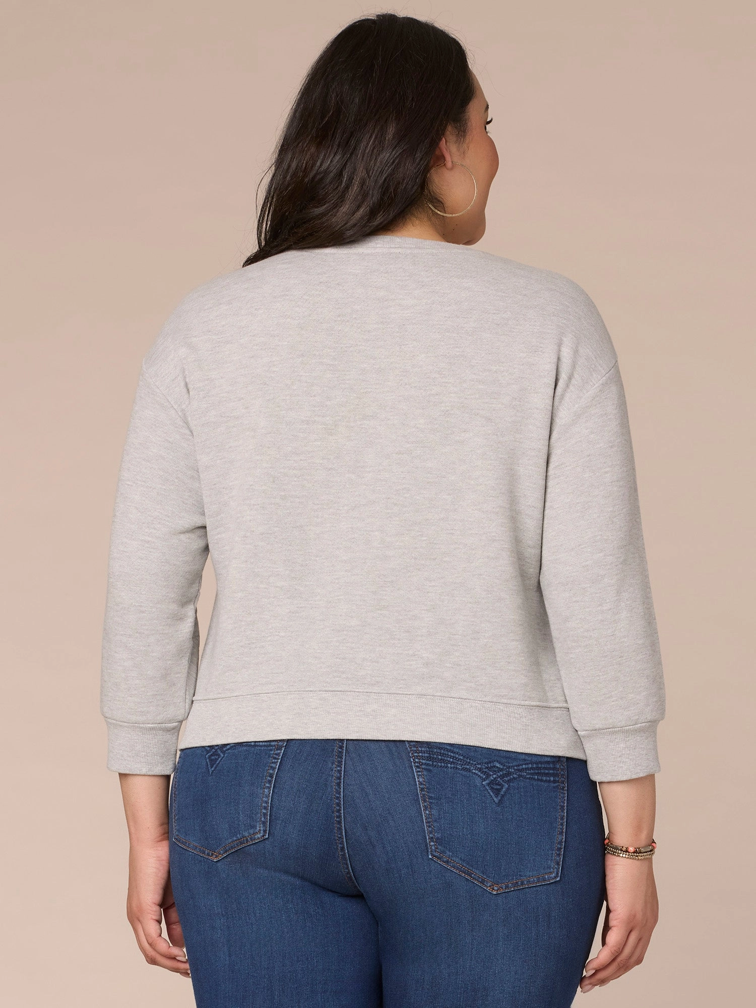 Three Quarter Sleeve Scoop Neck Banded Plus Knit Sweatshirt