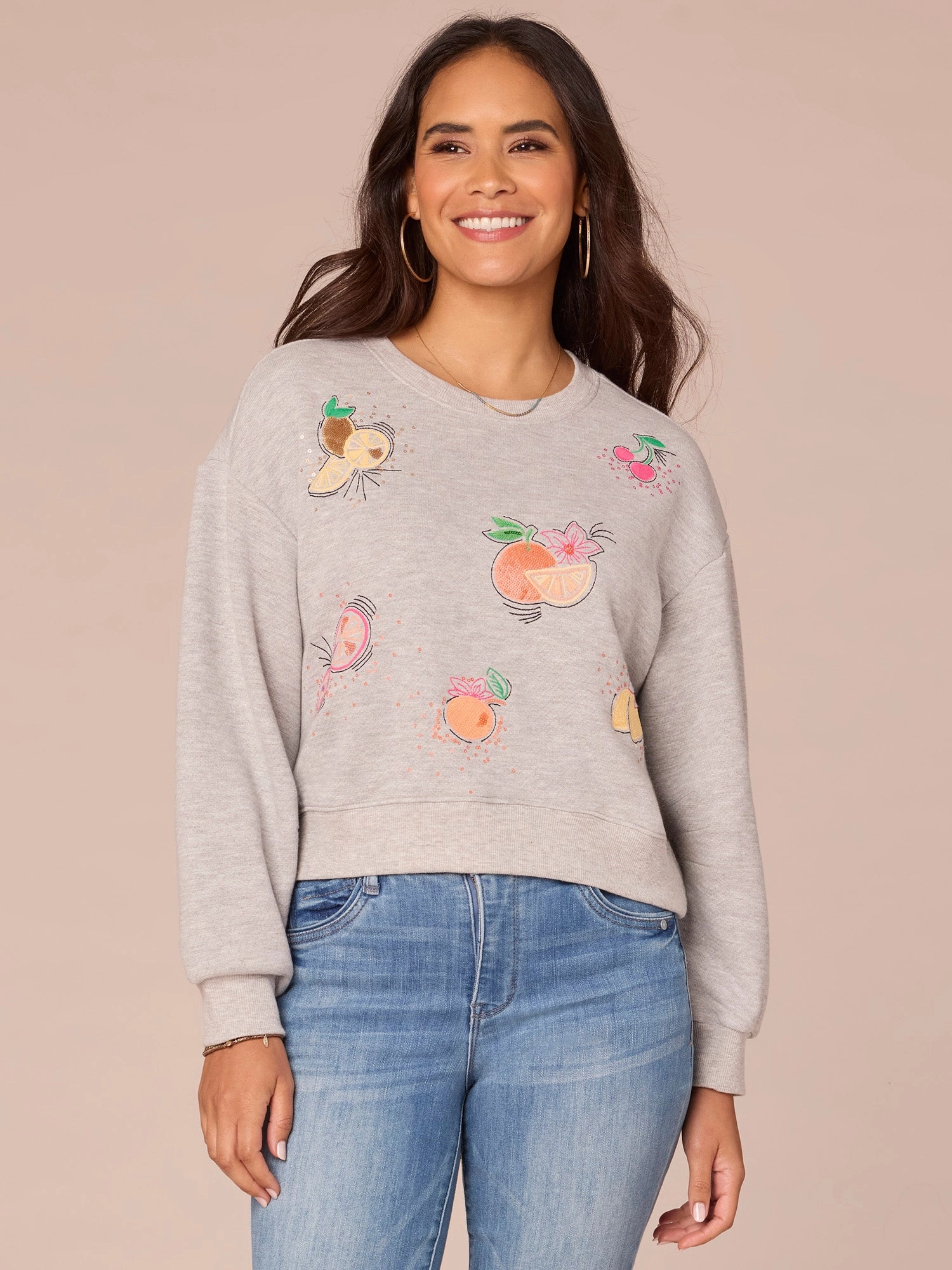 Three Quarter Sleeve Scoop Neck Embroidered Petite Knit Sweatshirt