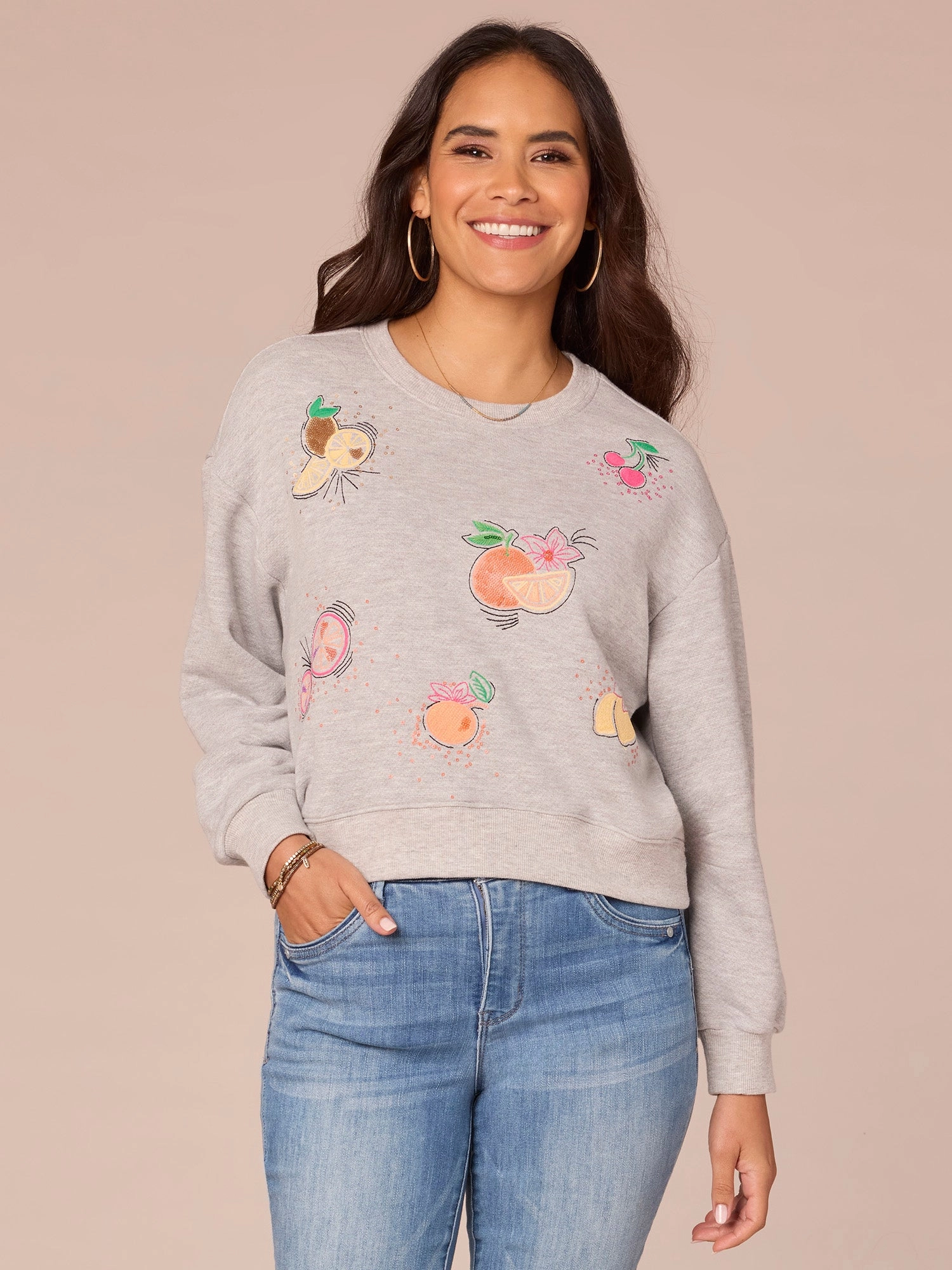 Three Quarter Sleeve Scoop Neck Embroidered Petite Knit Sweatshirt