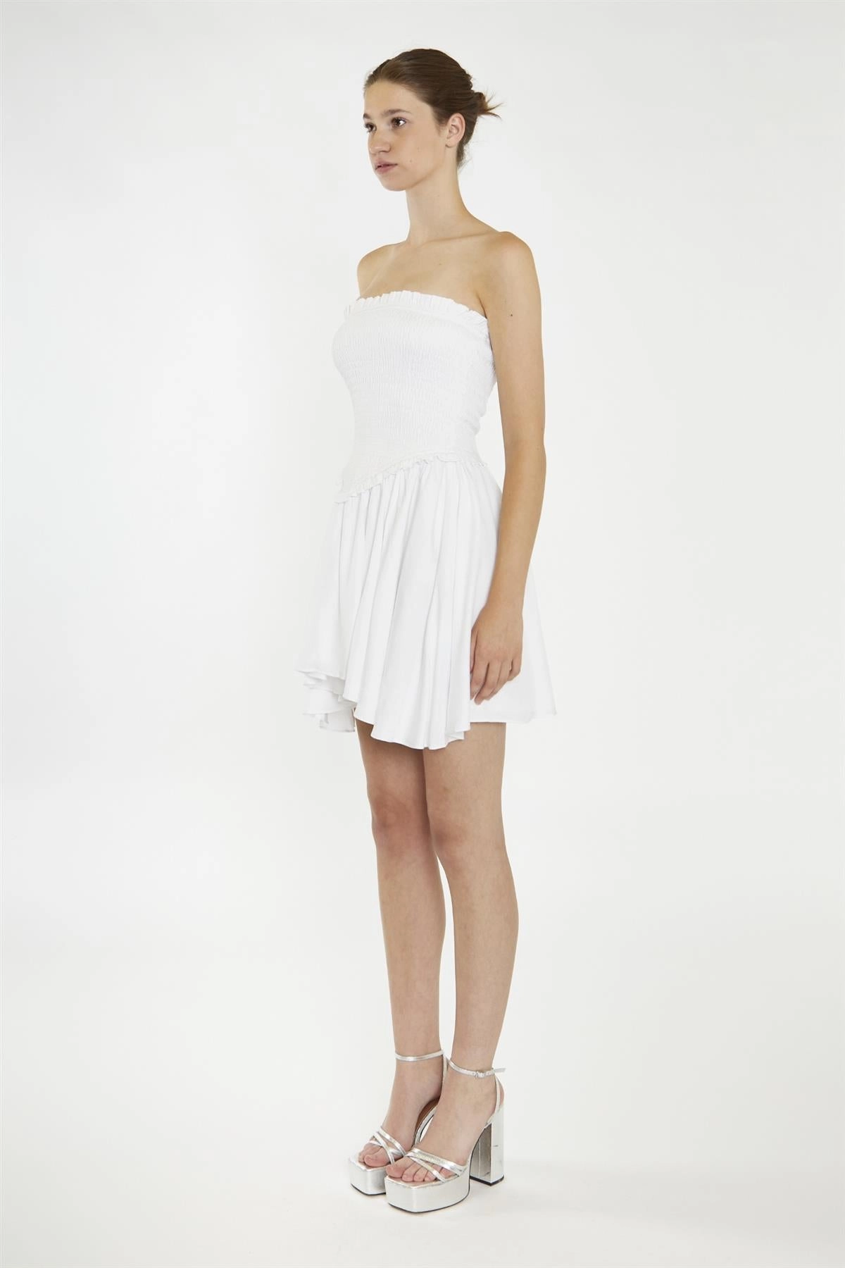 White Strapless Smocked Mini-Dress