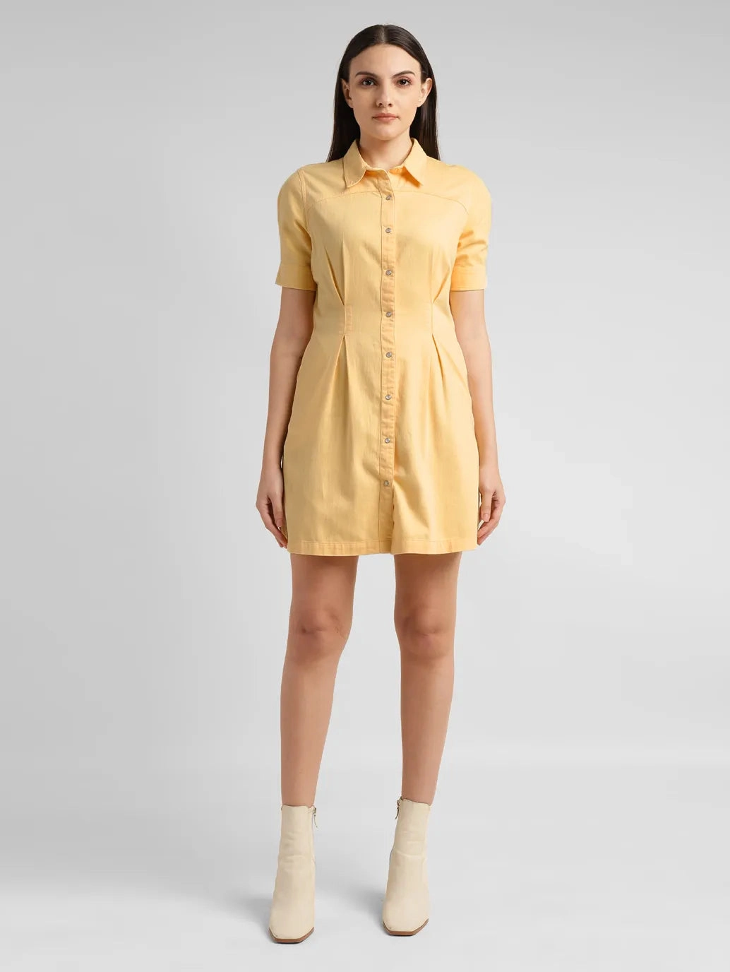 Women's Solid Yellow Spread Collar Dress