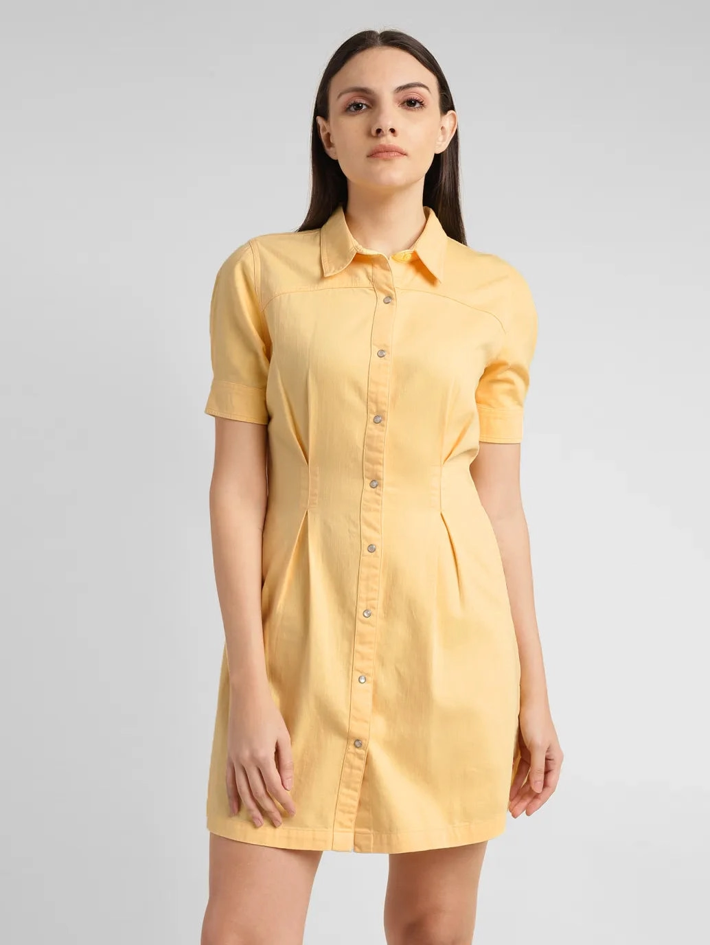 Women's Solid Yellow Spread Collar Dress