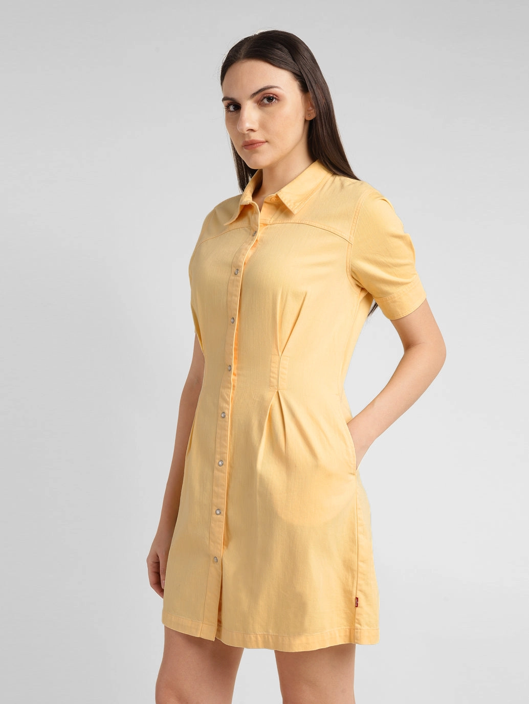 Women's Solid Yellow Spread Collar Dress