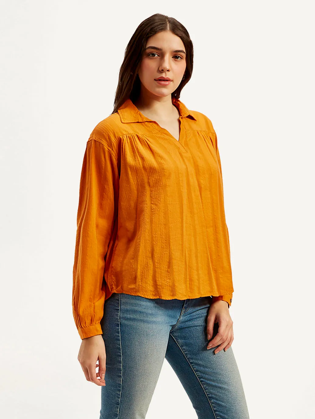 Women's Textured Orange Spread Collar Top