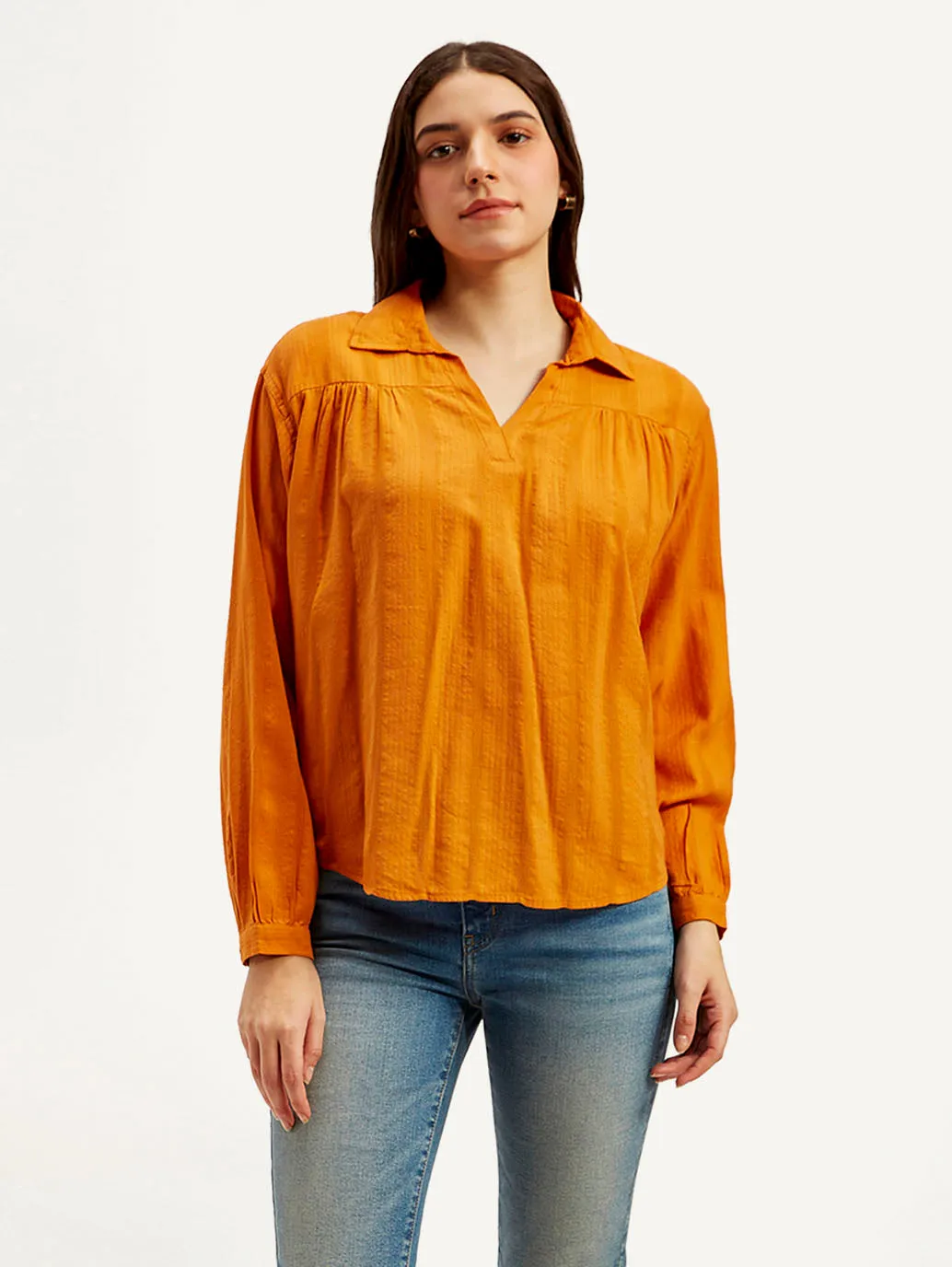 Women's Textured Orange Spread Collar Top