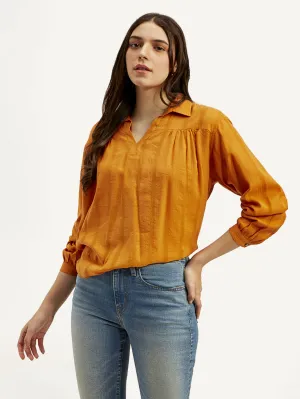 Women's Textured Orange Spread Collar Top