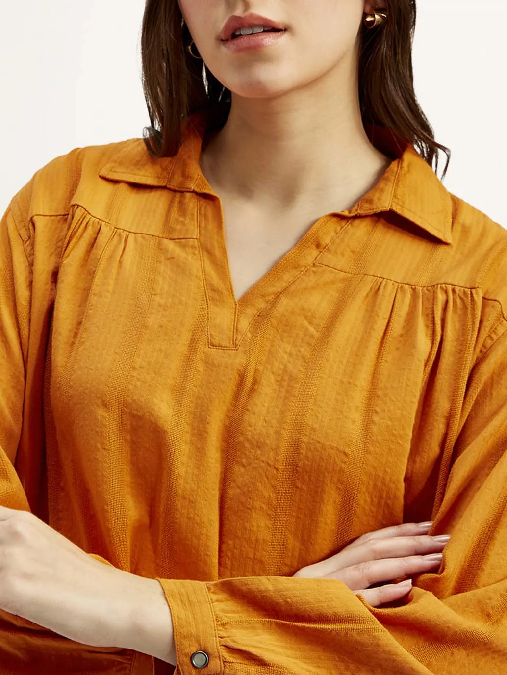 Women's Textured Orange Spread Collar Top