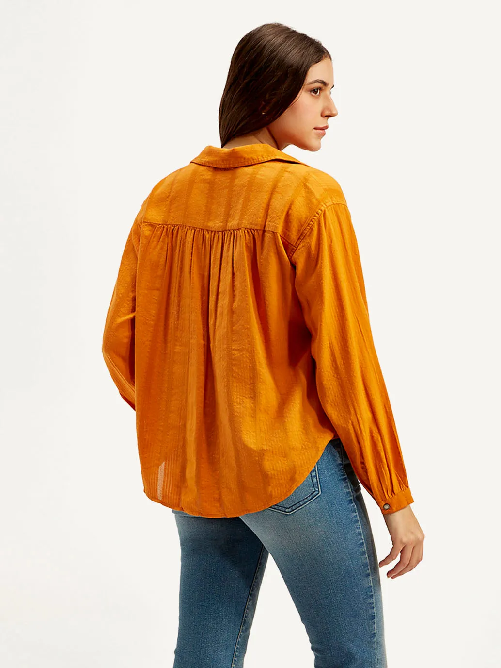 Women's Textured Orange Spread Collar Top