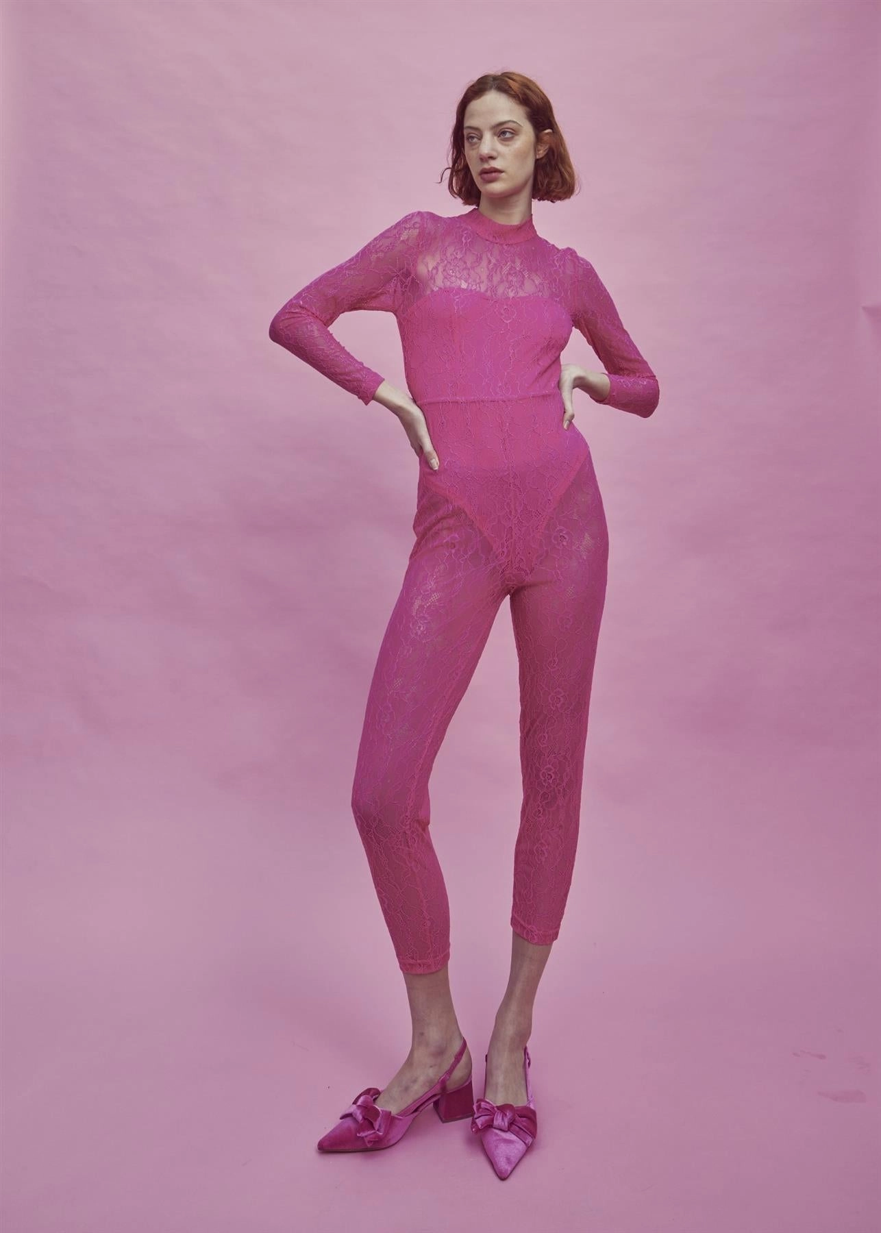 Zoe Lace Full Length Bodysuit -Bright-Pink